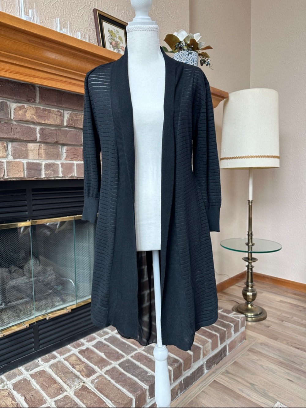 Neiman Marcus Sheer Black Open-Front Longline Cardigan Size S